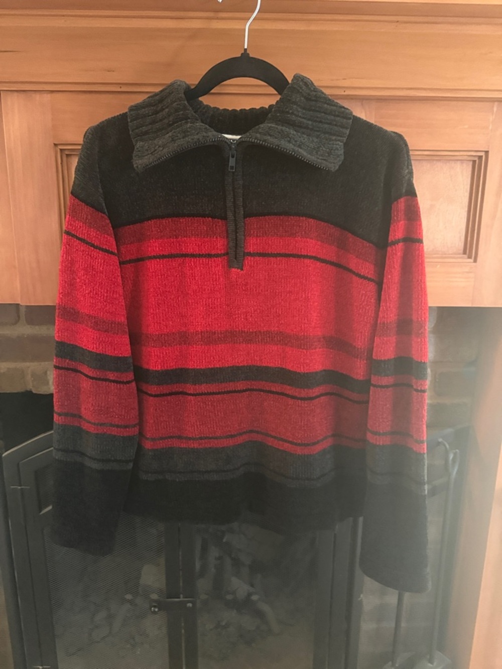 Vintage 80s 90s Erika & Co. Red and Black Half-Zip Chenille Striped Pullover